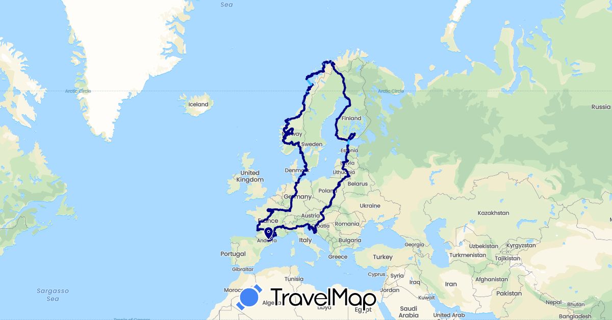 TravelMap itinerary: driving, boat in Germany, Denmark, Estonia, Finland, France, Croatia, Hungary, Italy, Lithuania, Latvia, Norway, Poland, Sweden, Slovakia (Europe)